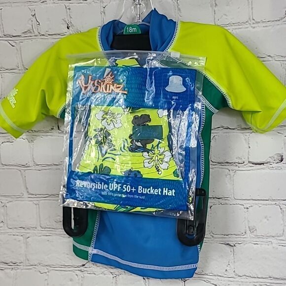 NWT UV Skins Rashguard + Bucket Hat 12/18M Blue Surf-A-Saurus Dino Swim UPF 50+ - Picture 2 of 11